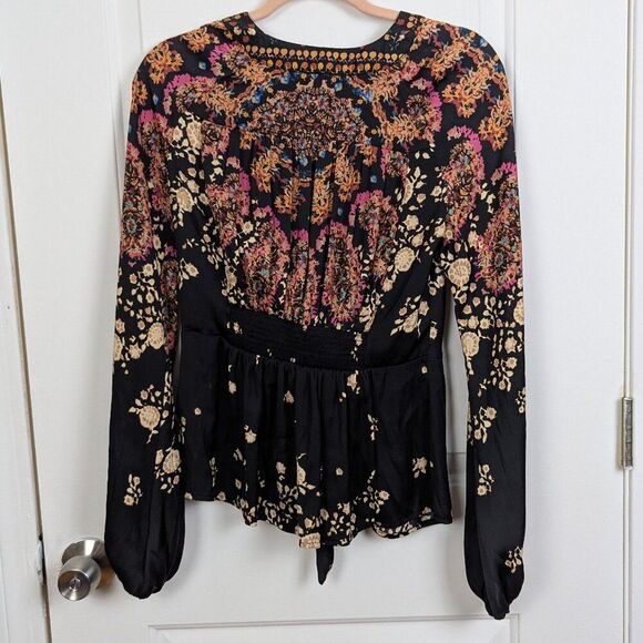 Free People | Black Multicolor Floral Long Sleeve Tie Front Blouse Size Small - Picture 2 of 10